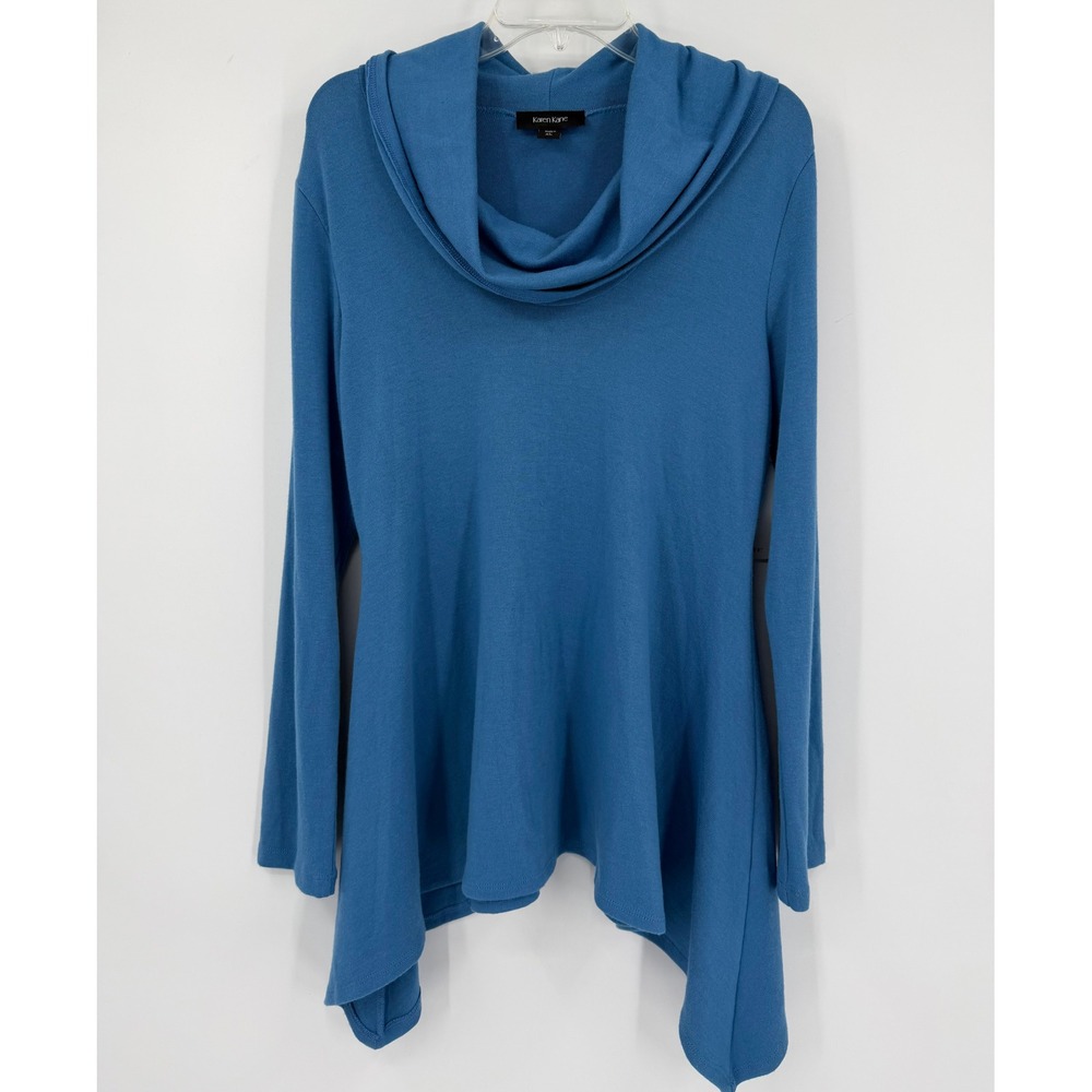 Karen Kane Womens Blue Cowl Neck Asymmetrical Handkerchief Hem Top XL 3N94779